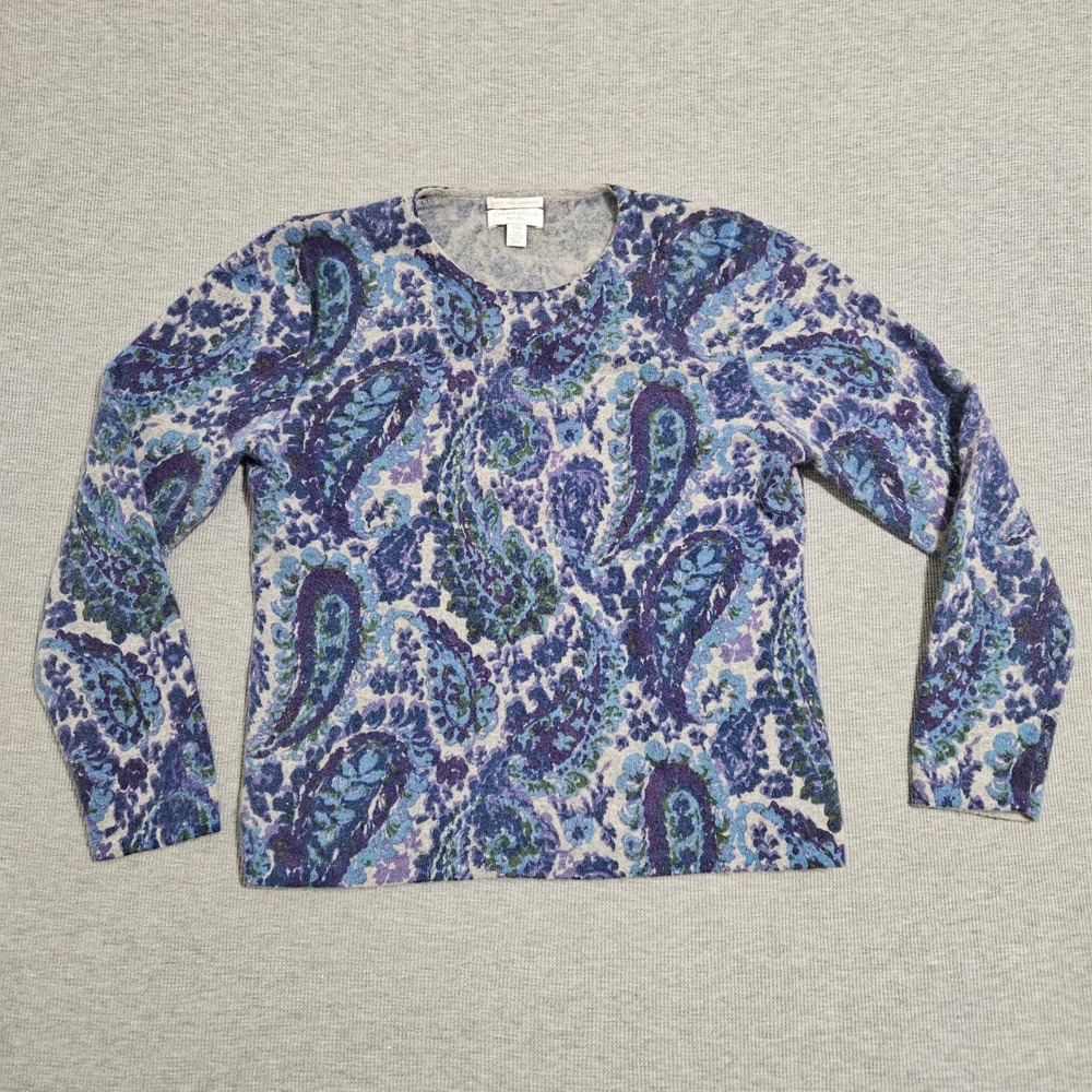 Charter Club Petite PM 100% Cashmere Sweater Blue Purple Paisley 2-Ply Crew Neck